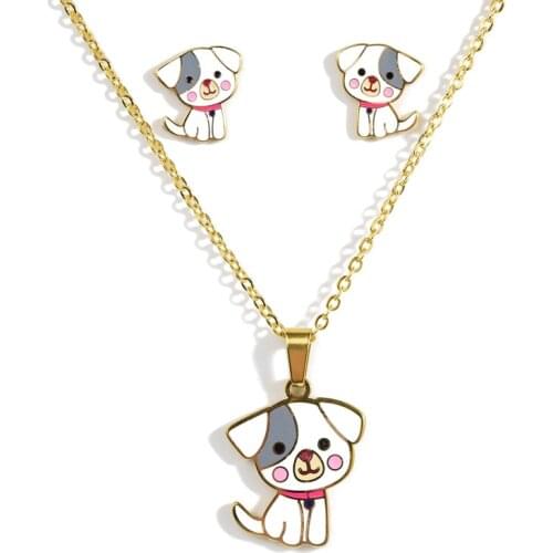 Stainless Steel Necklace Cartoon Animal Dog/fawn/yellow Duck/penguin/golden Necklace Earrings Fashion Jewelry Set Children Gift