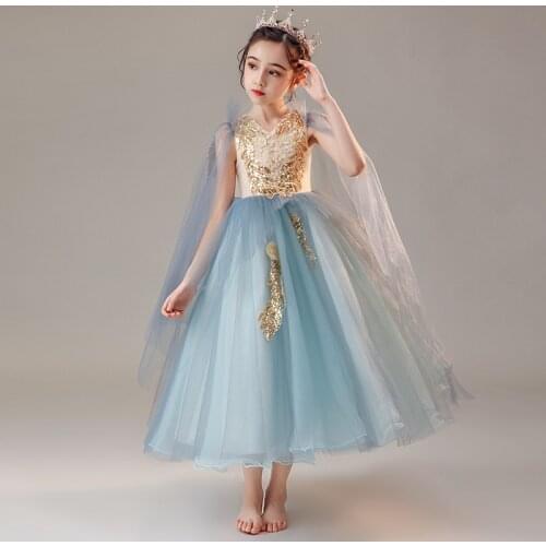 Flower Girls Dresses Beading Sequined V-Neck Sleeveless Embroidery Lace Tulle Ball Gown Tiered Ankle-Length Princess Skirt D192