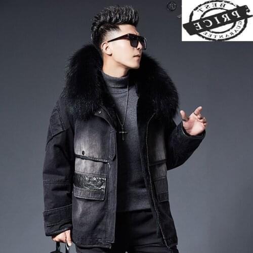 Real Rabbit Fur Liner Parkas Coat Men Clothing 2021 Streetwear Jeans Natural Raccoon Fur Hooded Fur Jacket Hiver 21H12062