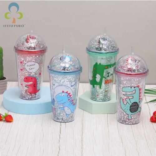 Hot Cute creative double-layer Drinking water bottle summer dinosaur ice cup portable fashion straw plastic water cup YJN