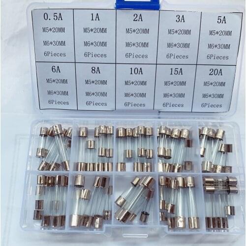 60pcs 5*20mm 6*30mm Quick Blow Glass Tube Fuse Assorted Kit Fast Blow Glass Fuses 250V (0.5A 1A 2A 3A 5A 6A 8A 10A 15A 20A)