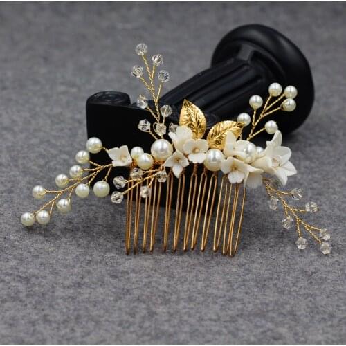 Sweetheart Women Golden Alloy Branch Soft Ceramics Pearl Rhinestone Flower Headdress with Comb for Wedding Perform Studio HP098