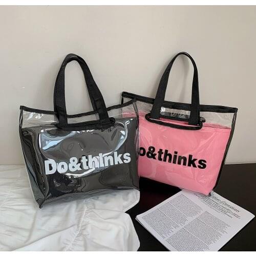 Vintage Women Transparent Letters Printing 2pcs Composite Bags Pure Color Shoulder Shopping Bag Casual Large Capacity Tote