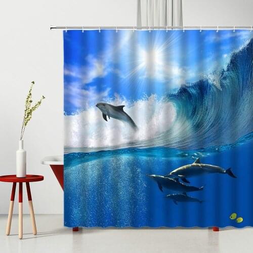 Marine Life Shower Curtain Ocean Scenery Dolphin Pattern Waterproof Polyester Cloth Bedroom Curtain With Hooks Multiple Size