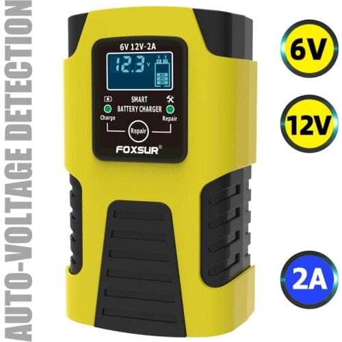 FOXSUR 12V 6V 2A Pulse Repair Charger with LCD Display, Motorcycle & Car Battery Charger, AGM Deep cycle GEL Lead-Acid Charger