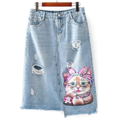 2020 Plus Size Loose Jeans Skirt Fashion Summer Denim Skirt Women Wash Hole Patch Skirts Female Casual Blue Denim Skirts HK367