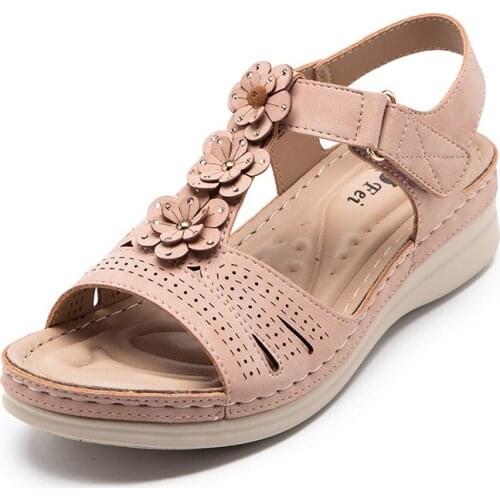 PU Leather Women Sandals 5cm Heel High Wedges High Quality Girls Pink Beach Shoes Flower Chunky Summer Footwear Plus Size 41