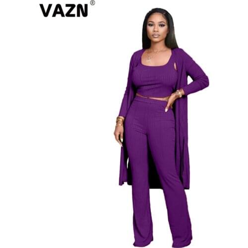 VAZN 2020 Autumn Hot Knit High-end Young Solid Holiday Tank Top Full Sleeve X-long Cloth Group Long Pants Women 3 Piece Set