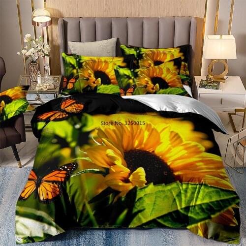 Sunflower Bedding Set 3D Floral Butterfly Printed Yellow Queen King Duvet Cover Set Single Double Twin Bedclothes For Girl Women