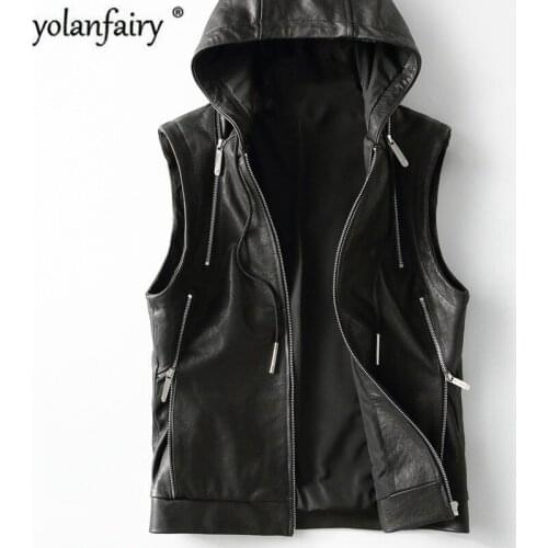 2020 New Leather Vest Hooded Genuine Leather Jacket Men Sheepskin Coat Casual Mens Vests Vintage Colete Masculino KFS19M014