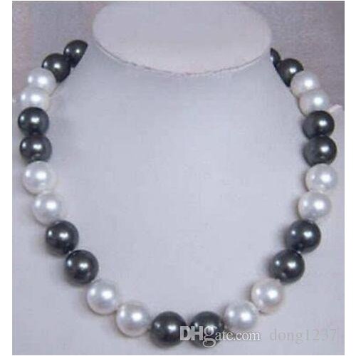 12MM Elegant white black Shell Pearl Necklace 18'' LS-27>>> free shipping
