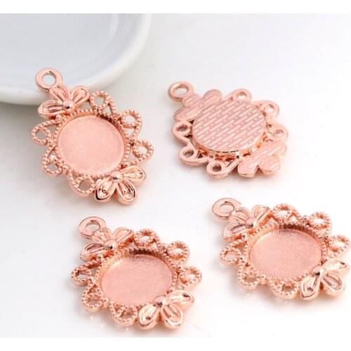 20pcs 12mm Inner Size Rose Gold Color Fashion Flower Style Cabochon Base Cameo Setting Charms Pendant (A1-40)
