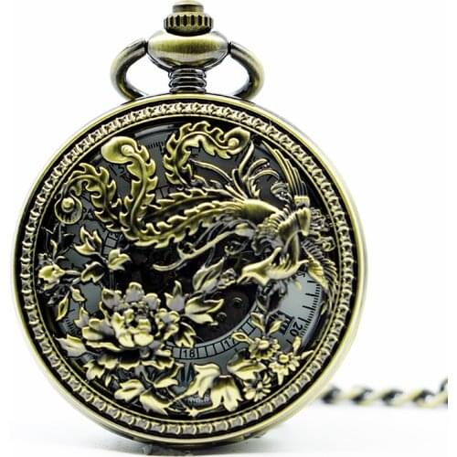 5pcs/lot Hollow Vintage Women Men Pocket Watch Carving Retro Phoenix Automatic Mechanical Exquisite Bronze Fob Chain PJX1299