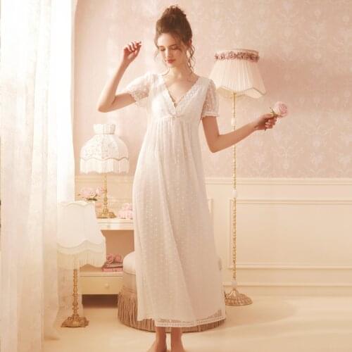 Free Shipping 2021 ROSE NEW Vintage Royal Nightgowns Womens Long White Pijamas Girl Sleepwear Lace Sweet V-neck pijama feminino