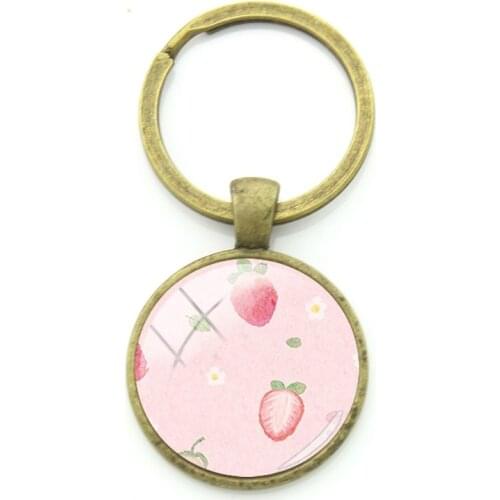 TAFREE Sweet Strawberry Cherry Drawing Cartoon Bronze Key Rings Cute Pink Background Fruits Round Pendant Keychains For Girls