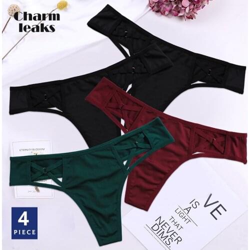 Charmleaks Womens Underwear Panties Briefs 4 PCS Thong Lace Tanga Sexy Cross Bandage Hollow-out Lingerie