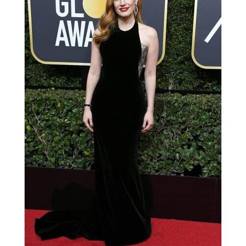 Backless Celebrity Dresses Mermaid Halter Velvet Sequins Long Famous Formal Red Carpet Dresses