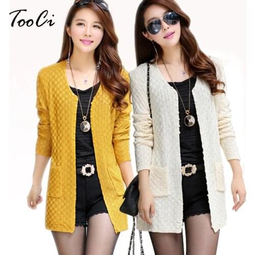 Long Spring Cardigan With Pockets Female Long Sleeve Knitted Cardigans Feminino Tops Plus Size Pink Cardigan Sueter Mujer