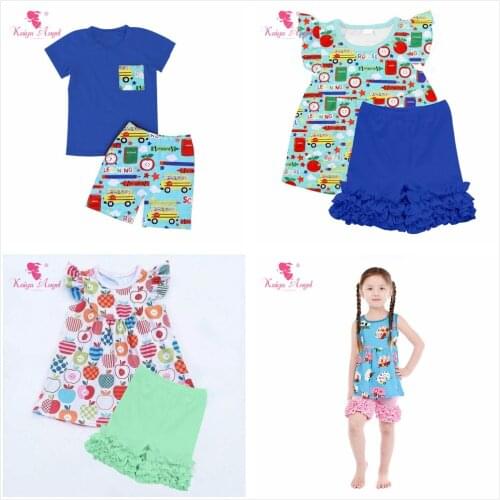 Kaiya Angel Toddler Girls Boys Summer Clothing Set Blue School Bus Stationery Top Royal Blue Cotton Shorts 4th Of July Outfit