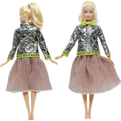 Handmade Doll Outfit Silver Plaid Fashion Yellow Bowknot Pleated Skirt Dress Clothes for Barbie Doll House Accessories Kids Toy