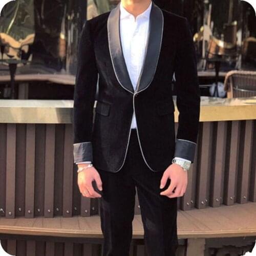 Hot Recommend One Button Black Velvet Groom Tuxedos Groomsmen Shawl Lapel Mens Suits Blazers (Jacket+Pants+Tie) W:904