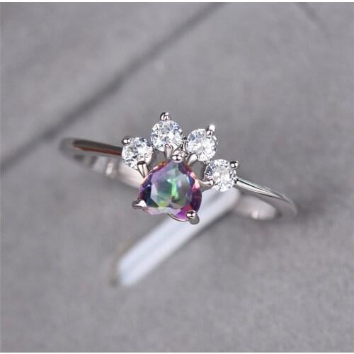 Fashion Bear Paw Dog Cat Claw Ring Silver Color Rainbow Rings For Women Vintage Small Heart Wedding Engagement Ring