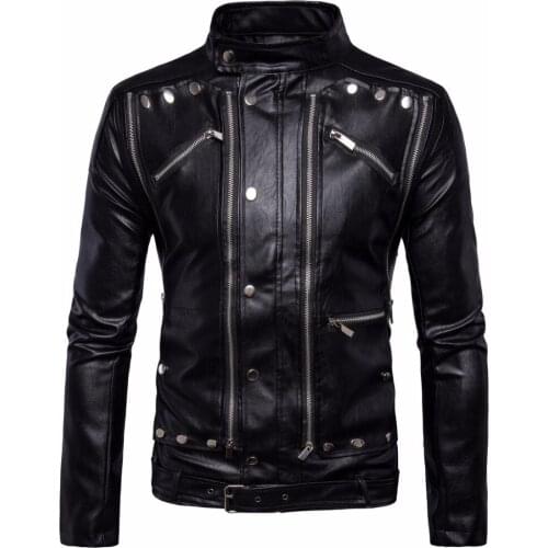 Top Quality Mens Leather Jacket Coat Autumn Winter Multi-Ziper Rivet Design Classic Black Motorcycle Leather Jacket Coat Men