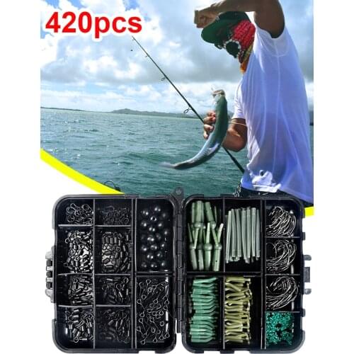 420Pcs Carp Fishing Tackle Kit Freshwater Fishing Gear Set Portable Swivels Hooks Anti Tangle Sleeves Hook Beads Boilie Baits