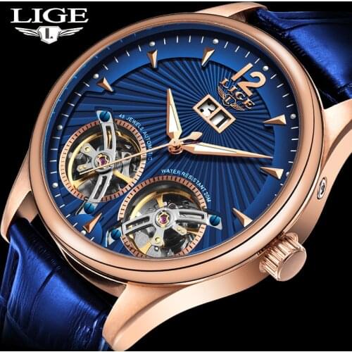 2020 New LIGE Men Watches Luxury Leather Double Tourbillon Mechanical Watch Men Fashion Business Automatic Waterproof Watch 9997