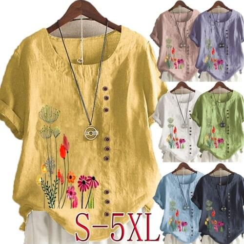 New Arrival Summer Fashion Womens Printed Linen T-shirt Casual Loose Round Neck Short Sleeve Shirt Blouse Tops Plus Size