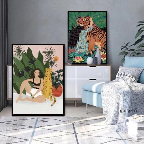 Boho Style Girl Tiger Cheetah Nordic Poster Animal Canvas Painting and Prints Modern Wall Art Pictures for Living Room Decor