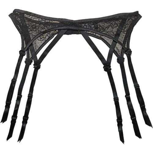 Black Floral Lace See Through Bowknot 6 Straps Metal Buckle Womens Garter Belt for Stockings Sexy Lingerie S513