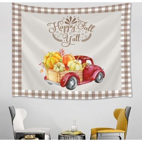 Retro Red Truck Pumpkin Tapestry Wall Hanging Autumn Harvest Theme Farmhouse Tapestry Wall Decor Beach Mat Towel Blanket
