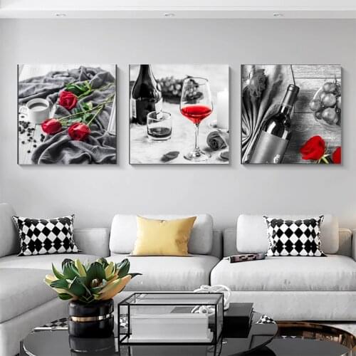 Romantic Kitchen Red Wine Rose Coffee Black White Canvas Painting Posters Prints Wall Art Picture for Dinning Living Room Decor