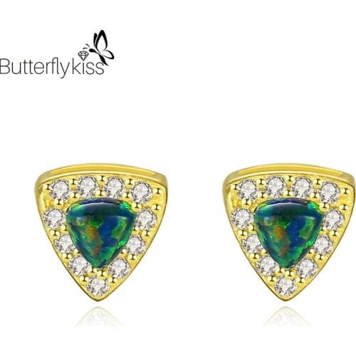 BK Opal Women’s Earring Triangle Real 925 Sterling Silver With Zircon White Blue Green Gemstone Anniversary Engagement Jewelry