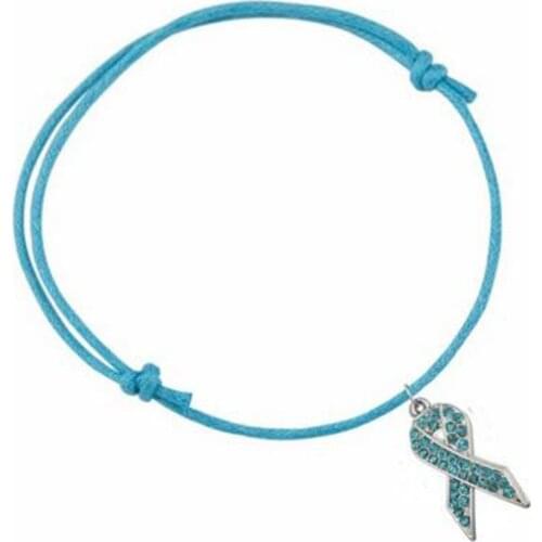 Light Blue Ribbon Crystal Stone Paved Prostate Cancer Awareness Charm Adjustable Wax Cord Bracelet Hope Jewelry Gift