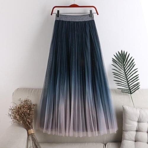 Pleated Skirt Womens Autumn And Winter New High Waist Show Thin Double Layer Mesh Gradual Sequin Skirt