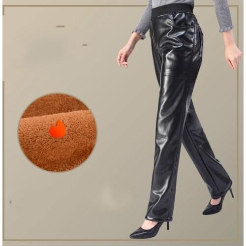Women Autumn PU Solid Straight Pants 2021 New Elastic Waist Fashion Casual Female Street Faux Leather Full Pants Trousers Y82