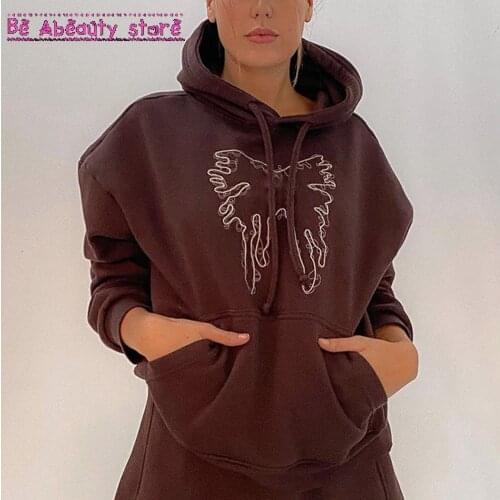 Women Autumn Winter Sweater Hoodie Butterfly Embroidered Brown Sweatshirts Long Sleeve Pullovers Y2k Hooded Pockets Sporty Tops