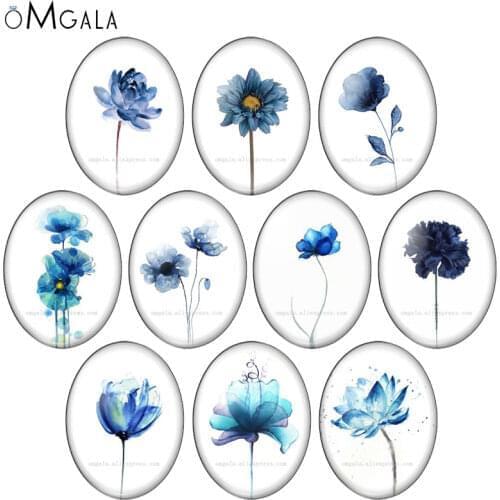 Blue color watercolor flowers patterns 10pcs 13x18mm/18x25mm/30x40mm Oval photo glass cabochon demo flat back Making findings