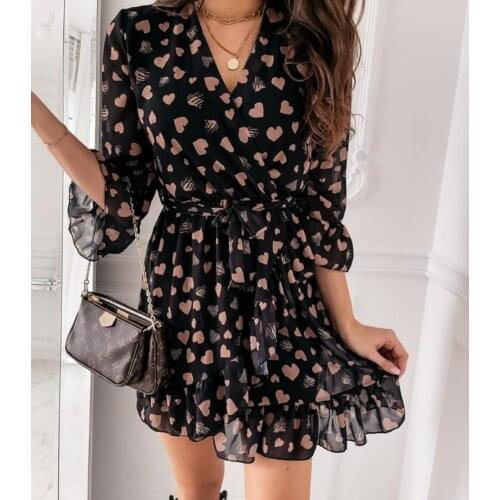 2021 Fashion Womens Bodycon Printed Dresses Flare Sleeve Dresses Ladies Elegant Summer Chiffon Sundress V-neck Mini Dress