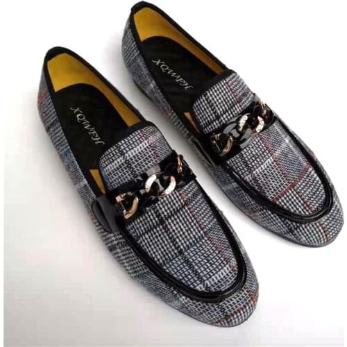 2021 New Fashion Checked Fabric Slip On Men Dress Shoes With Metal Chain Buckle Plus Size Handmade Casual Shoes Mens Moccasins