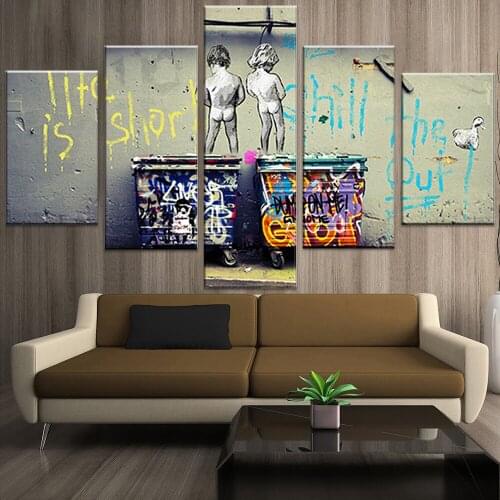 5 Panel Banksy Graffiti Art Abstract Canvas Painting Posters and Prints "Life Is Short Chill The Duck Out" Wall Canvas Art Home