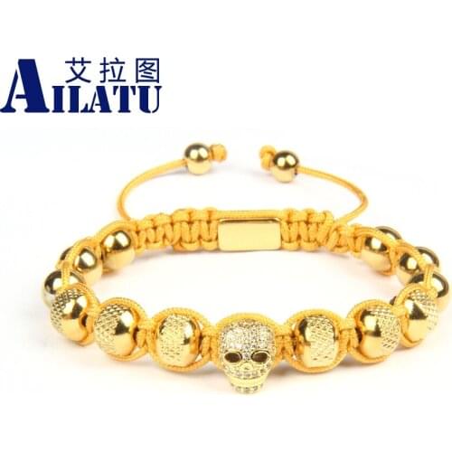 Ailatu Luxury Skull Bracelet Accessories Rope Chain 8mm Gold Stainless Steel Beads Men New Handmade Jewelry Present, Gift
