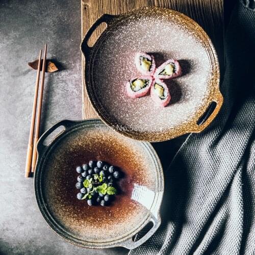 Large Size Disc with Double Ears Ceramic Plate Color Glaze High-end Porcelain Plate Household Vegetable Dish Dry Pot Meat Plate