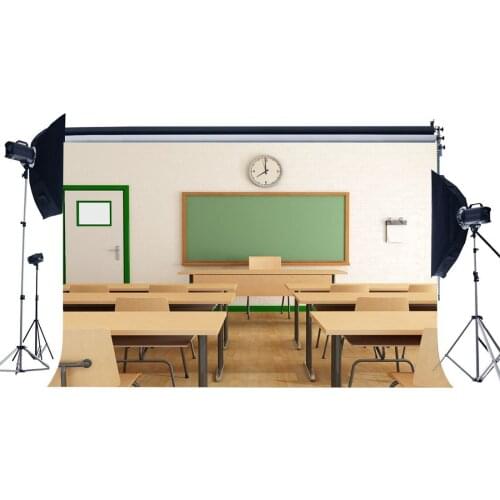 Back to School Backdrop Classroom Blackboard Clock Desk Chair Vintage Wood Floor Interior Photography Background