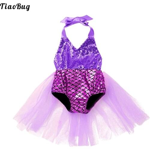 TiaoBug Summer Baby Girls One-Piece Swimming Bodysuit With Mesh Skirt Halter Scales Printed Sequined Swimsuit Swimwear Bikini