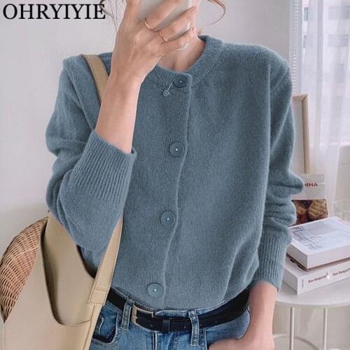 OHRYIYIE 2021 Autumn New Knitted Sweater Female Soft Cashmere Cardigan Women Casual O Neck Basic Sweaters Coats Jackets Lady