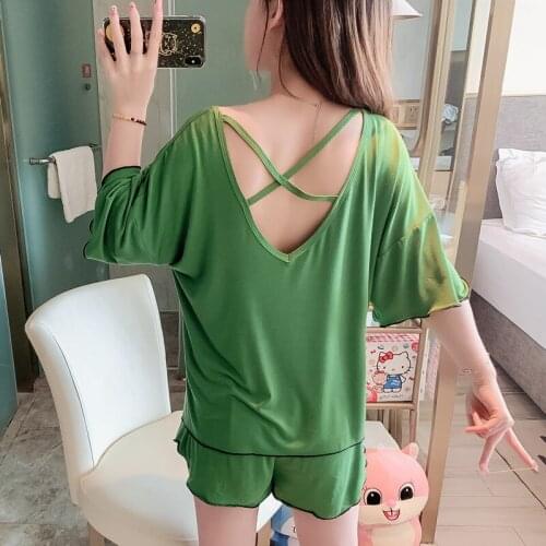 Sexy Backless Short Sleeve Pant Set Modal Cotton Nightwear Pajamas For Women Large Size Loose Ladies Sleepwear Pijama Suit