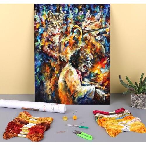 Jamming Cats Printed Fabric 11CT Cross Stitch DIY Embroidery Kit DMC Threads Needlework Sewing Hobby Handiwork Design Package